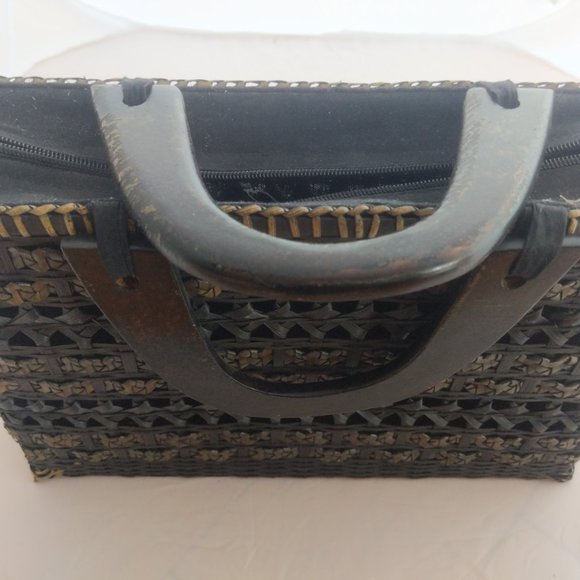 Vintage black woven straw and fabric rectangle box handbag made in Thailand - Picture 7 of 11